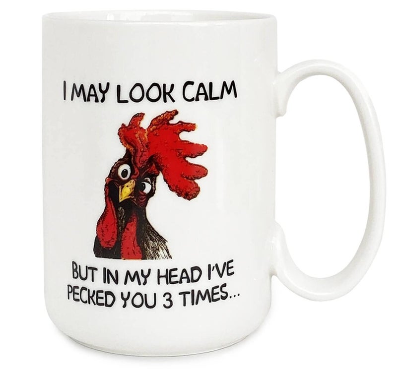 senooe Funny Rooster Coffee Mug - I May Look Calm But In My Head I've Pecked You 3 Times, Funny Gifts for Mom, Dad, Grandparents, Friends, Relatives, Besties, Sisters, Boss, Colleague, etc (15 Ounces) - Image 1